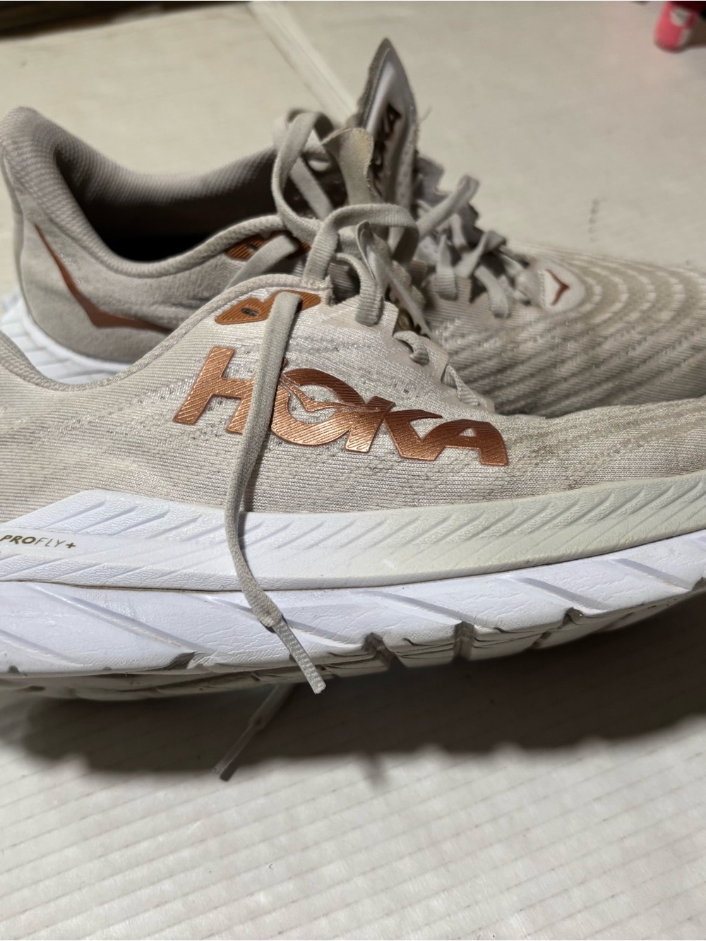 Hoka White Running Shoe with Rose Gold Logo Accents - Picture 3 of 10
